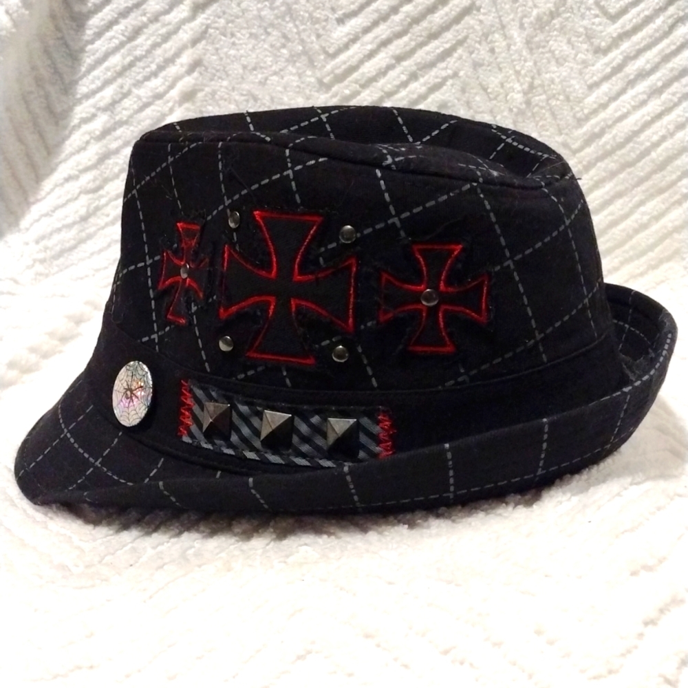 Granule Concept One Fedora Trilby Hat Black Check Crusader Cross Studded Grunge